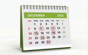 A standing desk calendar showing the month of December 2025 with a green header and binder rings. Red hand-drawn circles mark specific dates on the calendar: the 9th, 11th, 15th, 18th, 23rd, and 31st.